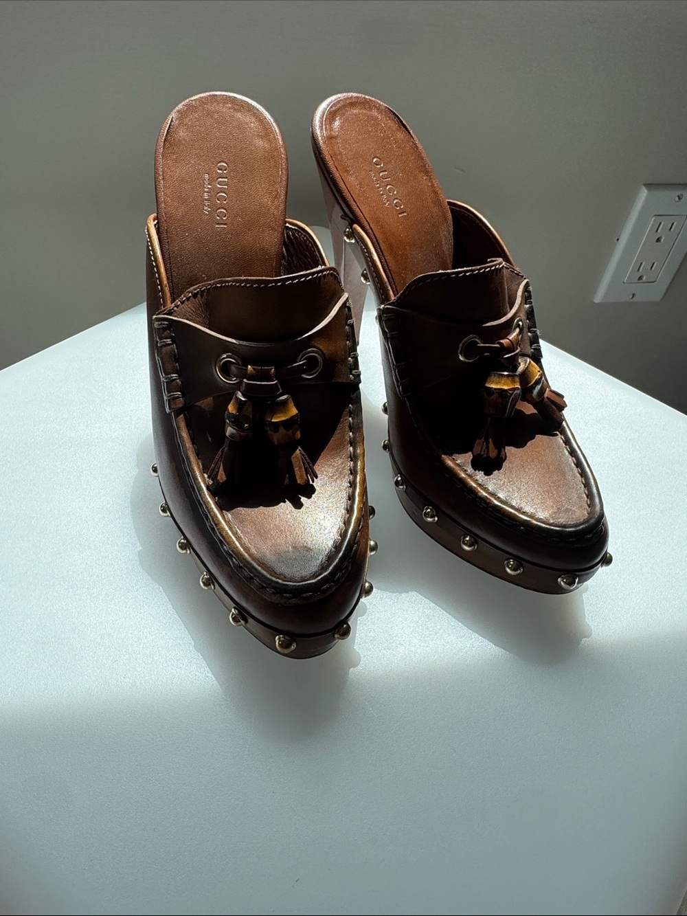 Gucci Brown Leather Tassel Mule with Studded Platform
